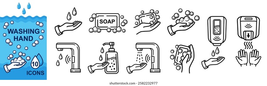 Hand washing with water soap, skin care hygiene cleaning, touch faucet for sink, automatic electric dryer for wet palm in restroom line icon. Liquid finger antiseptic bottle. Body bathing foam. Vector