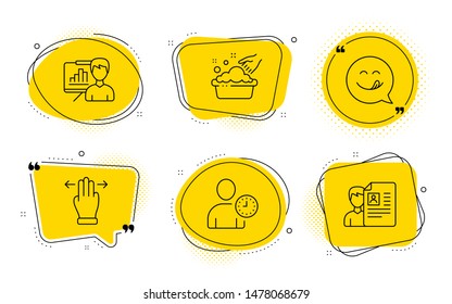 Hand washing, Yummy smile and Job interview signs. Chat bubbles. Time management, Presentation board and Multitasking gesture line icons set. User with clock, Growth chart, Swipe. Vector