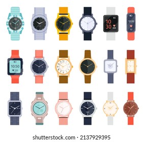 Hand watch with bracelet. Modern and classic accessory for men and women. Luxury mechanical and smart wrist watches with various clock faces. Colorful dials with silver and gold frames