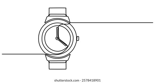 hand watch continuous one line drawing, Vector illustration of hand watch isolated on white background for kids coloring book, Watch one line continuous. Line art watch isolated on transparent pro.