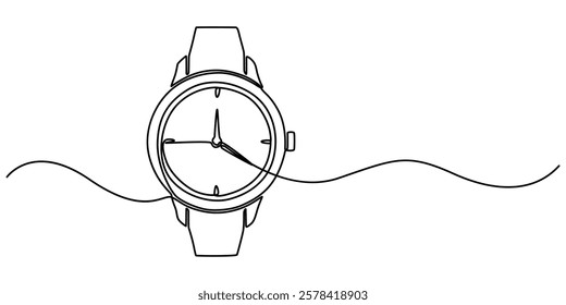 hand watch continuous one line drawing, Vector illustration of hand watch isolated on white background for kids coloring book, Watch one line continuous. Line art watch isolated on transparent pro.