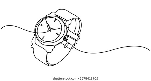 hand watch continuous one line drawing, Vector illustration of hand watch isolated on white background for kids coloring book, Watch one line continuous. Line art watch isolated on transparent pro.