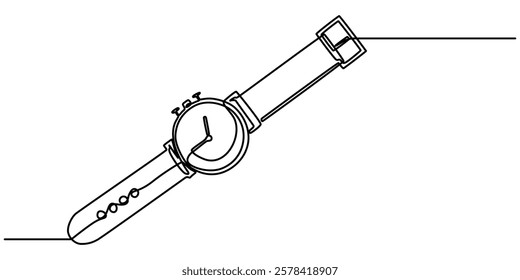 hand watch continuous one line drawing, Vector illustration of hand watch isolated on white background for kids coloring book, Watch one line continuous. Line art watch isolated on transparent pro.