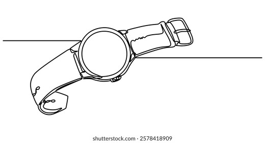 hand watch continuous one line drawing, Vector illustration of hand watch isolated on white background for kids coloring book, Watch one line continuous. Line art watch isolated on transparent pro.