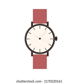 Diseño de relojes de mano con pulsera de cuero y dial de cuarzo redondo. reloj de pulsera analógico con flechas, cronógrafo. Pulseras, relojes con correa. Ilustración vectorial plana aislada en fondo blanco