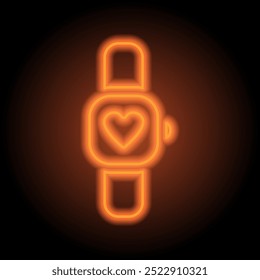 Reloj de mano, corazón simple icono Vector. Diseño plano. Neón naranja sobre fondo negro.ai