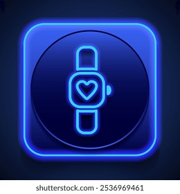 Hand watch, heart simple icon vector. Flat design. Blue neon style on button. With shadow.ai
