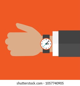 Hand with watch isolated on red background.Time watch, limited offer, deadline symbol. Vector illustration.