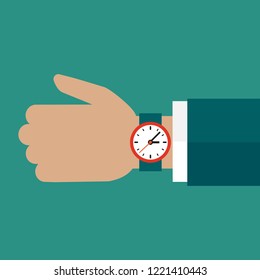 Hand with watch isolated on turquoise background.Time watch, limited offer, deadline symbol. Vector illustration.