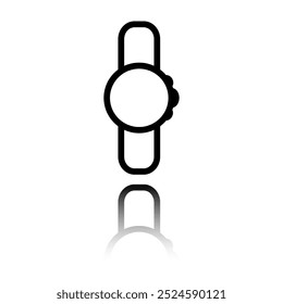 Hand watch simple icon. Flat design. Black icon with mirror reflection. White background.ai