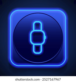 Hand watch simple icon vector. Flat design. Blue neon style on button. With shadow.ai
