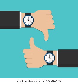 Hand with watch, thumbs up and thumbs down vector illustration