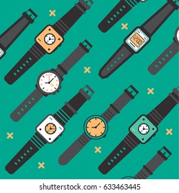 Hand watch. Time indication. Vector flat illustration on blue background.