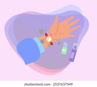 Hand with watches and bacteria on them vector illustration. Hand sanitizers. Accumulation of bacteria on hands.