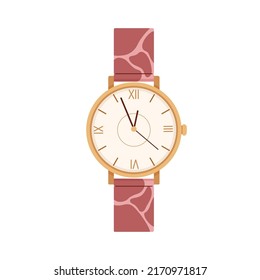 Hand watches with classic analog dial in retro style. Quartz wrist watch, clocks design with leather bracelet. Handwatches, wristwatches. Flat vector illustration isolated on white background