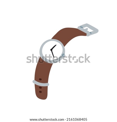 Hand watches with round clock face and leather straps. Wristwatches with circle dial in classic retro style. Wrist accessory for time. Flat vector illustration isolated on white background