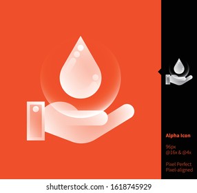 Hand and water drop alpha icon - vector illustrations for branding, web design, presentation, logo, banners. Clean white transparent gradient icon on random background, pixel-aligned on 96x96 pixel.