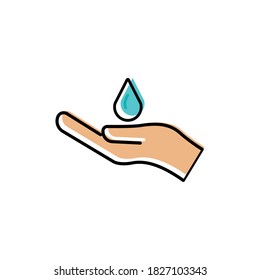 Hand and water drop flat icon. icon to wash hands, save water. Design template vector
