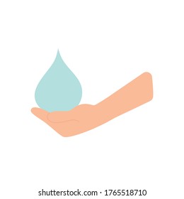 hand with water drop icon over white background, flat style, vector illustration