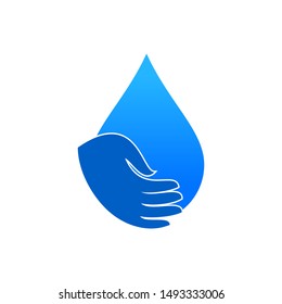Hand and water drop icon. Save clean water symbol. Safe water logo, water drop and hand icons. illustration.