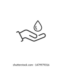 Hand and water drop line icon.