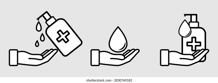Hand with water drop and medical cross. Wash hands symbol. Antibacterial icons. Skin care sign. Icon set of disease prevention. Sanitizer, antiseptic, antibacterial symbols. Approved label. Vector