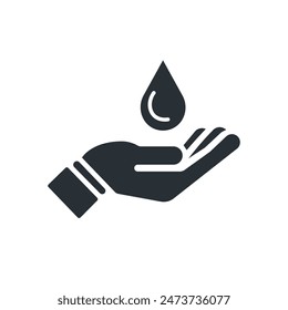 Mano con agua caída. Guardar icono de agua. Ilustración vectorial aislada