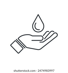 Hand with water drop. Save water line icon. Isolated vector illustration