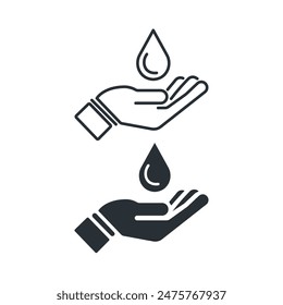 Hand with water drop. Save water line and flat icon. Isolated vector illustration