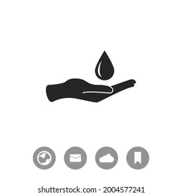 Hand with water drop symbol. Save water icon. Environmental protection symbol. Drop in hand vector icon.