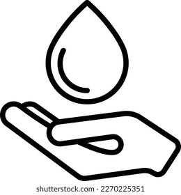 Hand with water drop thin line icon. Save water. Vector illustration