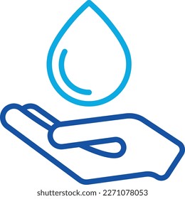 Icono de línea delgada de mano con agua que cae. Ahorra agua. Ilustración del vector