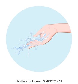 Hand with water flow and splashes. Skincare daily spa routine icon for infographics, presentations, web design, poster, banner. Modern flat style. Vector colorful illustration.