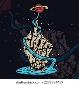 Hand Up Water Galaxy Planet Bones Finger Graphic Vector Illustration