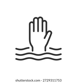 Hand in Wasser, lineares Symbol. Hygiene, Reinigung und Sauberkeit Linie mit editierbarem Strich.