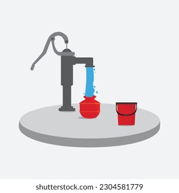 Hand water pump with bucket and pot vector Indian village life style flat illustration concept. Vector, illustration.