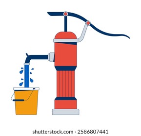 Hand water pump dispensing water into bucket 2D cartoon object. Rural utility tool. Traditional method waterpump isolated element flat vector clipart on white background. Spot illustration