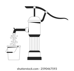 Hand water pump dispensing water into bucket black and white 2D line object. Rural utility tool. Traditional method waterpump isolated clip art vector outline item. Monochromatic spot illustration