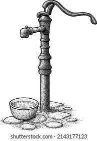 Hand water pump tap illustration, drawing, engraving, ink, line art, vector