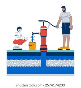 Hand water pump usage for groundwater extraction cartoon flat illustration. Black man filling bucket with waterpump, woman crouching 2D characters isolated on white background. Vector colorful image