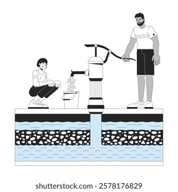 Hand water pump usage for groundwater extraction linear illustration. Black man filling bucket with waterpump, woman crouching 2D line characters isolated on white. Monochrome vector outline image