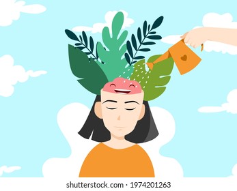 Hand water tree pop up form women’s head and brain,mental health, illness ,brain development ,medical treatment  concept, vector illustration,