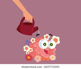 
Hand Watering a Brain for Creativity Vector Cartoon. Person encourages creativity by cultivating flourishing ideas 