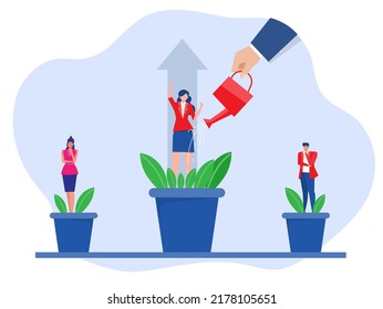 Hand watering business growing and watering development,Leader growth team employee, mentorship business company, hr specialist grow professional  vector illustration.