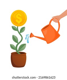 Hand With Watering Can. Hand Businessman Watering Plant Money On White Background. Business Investment Growth Concept