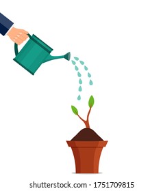 Hand watering can plant. Floral leaf sprout under watering watering can. Agriculture equipment or horticulture concept. Gardenman care growing flower. Hand holds watering can spray water. vector