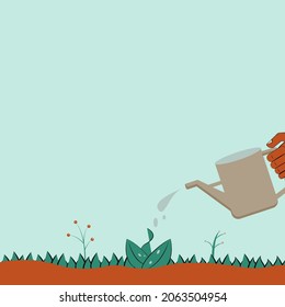 A hand with a watering can pour water over a sprout. The illustration shows concern for the environment. 