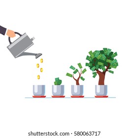 Hand with watering can pouring golden coins cash money to growing tree. Gradual business project development stages. Start up investment growing sprouts. Flat style vector isolated illustration.