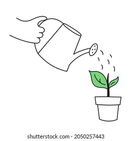 A hand with a watering can watering a sprout in a pot. Farming, gardening, investment or care concept. Thin line vector illustration on white.