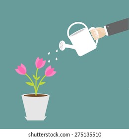 Hand watering can tulip flower in the pot Flat design Vector illustration.